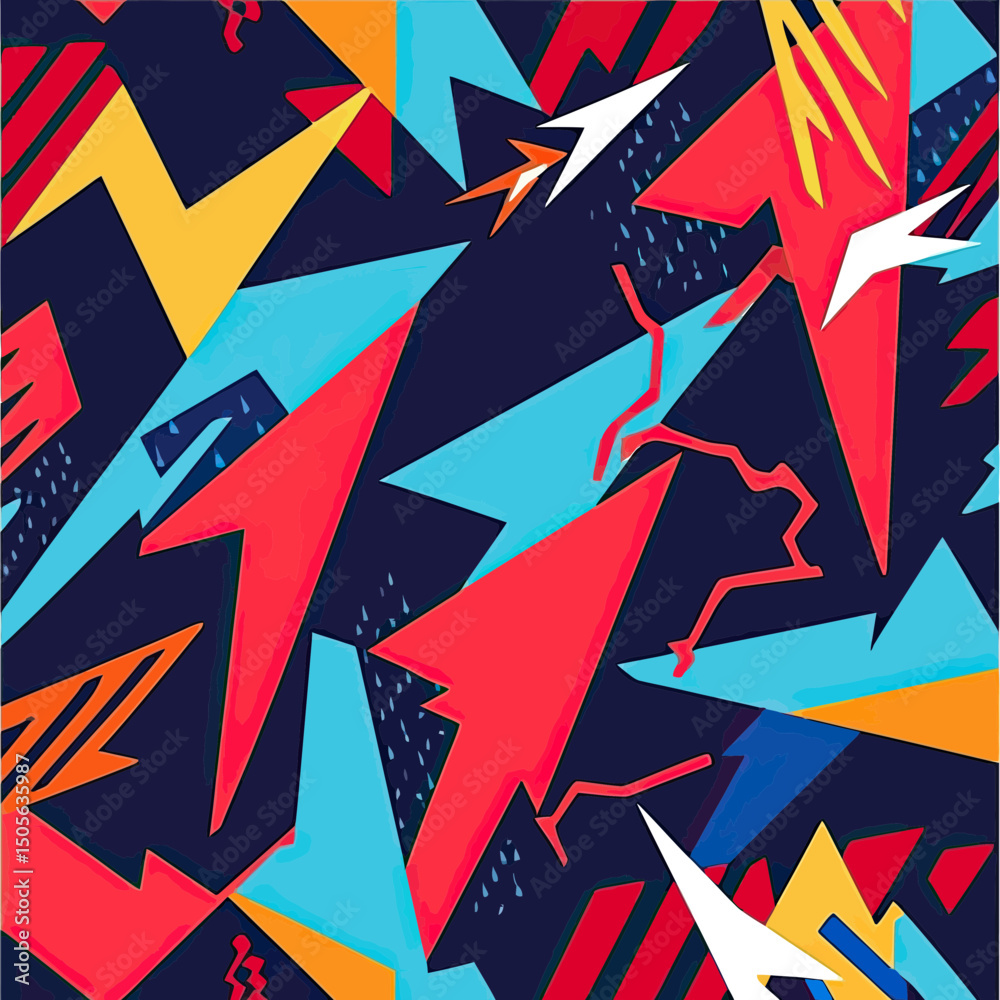Poster dynamic abstract background with colorful sharp triangles, zigzag lightning patterns, arrows, and ge