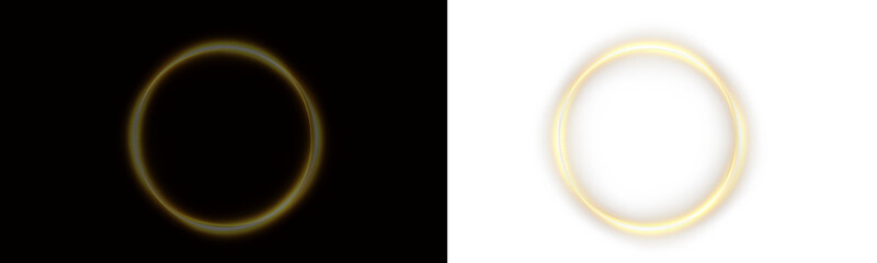 PNG neon circle glow with electric light ring, orange and yellow highlights, bright flash on black background, modern transparent circle design with futuristic shine circle effect for poster PNG.