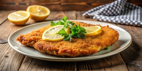 Argentinian milanesa on a plate with a slice of lemon on top in the center, cutlet, savory,  cutlet, savory, cut