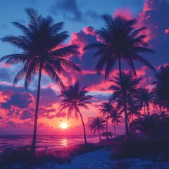 Obraz premium Beautiful Beach at Sunset with Vibrant Pink Skies and Palm Trees
