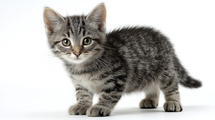 Obraz premium A cute gray tabby kitten stands alertly on a clean white background.