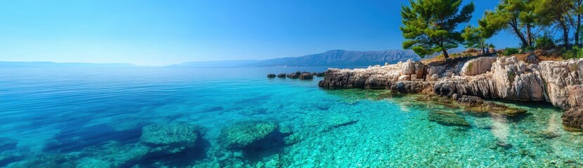 Fototapeta premium Crystal-clear turquoise sea with rocky coastline, pine trees, and distant mountains under a bright blue sky.