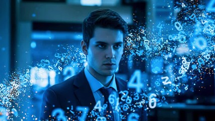 Young man in a suit surrounded by floating digital numbers, symbolizing technology and data analysis in a modern office - Powered by Adobe
