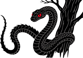 Evil Snake Coiled on Tree – Vector Silhouette Line Art