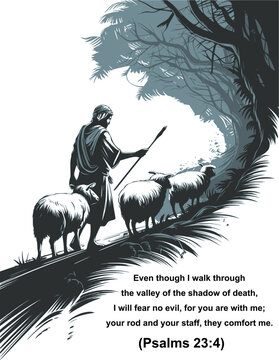 Ancient Shepherd Vector Art with Psalm 23:4 &ndash; Black Ink Silhouette Guiding Sheep Through Dark Valley, Spiritual Typography, Conceptual Poster Design on White Background, Inspirational Christian theme