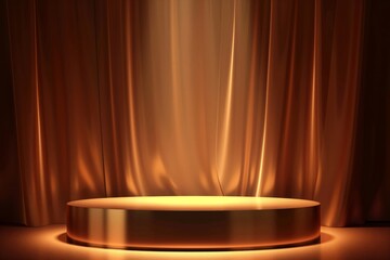 Golden podium with soft curtain background and dramatic lighting. Luxury stage concept.
