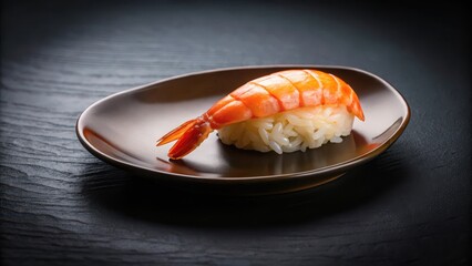 Sushi plate with a single serving of cooked shrimp on a black background, shrimp sushi
