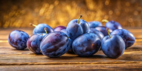 Fresh round blue plums arranged artfully on a wooden table, showcasing their vibrant purple hue and slight sheen, against a warm golden background, fresh produce, plums