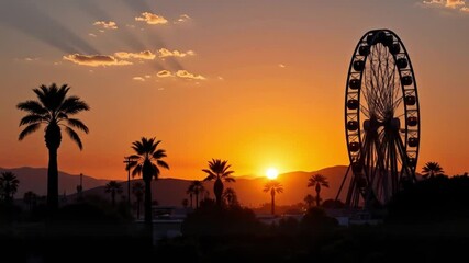 Sunset over Ferris wheel with palm trees in silhouette   - Powered by Adobe