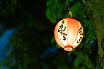 Obraz premium Japanese lanterns of Morioka Sansa Odori Festival illuminating trees at night, casting a warm glow on the traditional summer celebration. Morioka, Japan. Japanese translation : Morioka Sansa Odori.