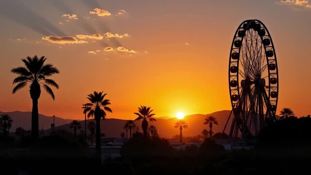 Sunset over Ferris wheel with palm trees in silhouette  