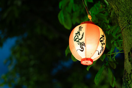 Japanese lanterns of Morioka Sansa Odori Festival illuminating trees at night, casting a warm glow on the traditional summer celebration. Morioka, Japan. Japanese translation : Morioka Sansa Odori.