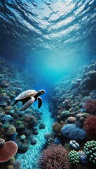 Sea Turtle Swimming Over Coral Reef could be found tropical country Indonesia, Maldives, etc. Underwater Marine Life Scene.