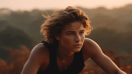 Naklejka premium Portrait of a young person at sunset, gazing towards the horizon. Concept of hope, reflection, and natural beauty. Ideal for travel, lifestyle, and wellness content.