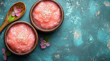 Fresh and Delicious Pink Dessert in Rustic Bowls on Textured Background