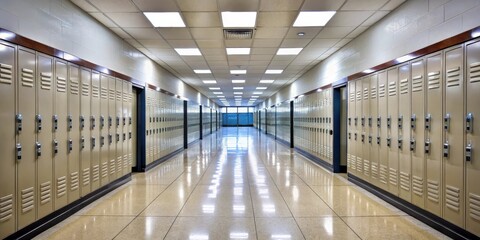Long empty hallway in school with lockers on both sides, long corridor