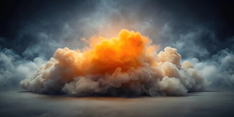 Dense fog with isolated orange mist hovering above a dark grey background, surrounded by wispy white clouds , Misty atmosphere, Isolated orange fog