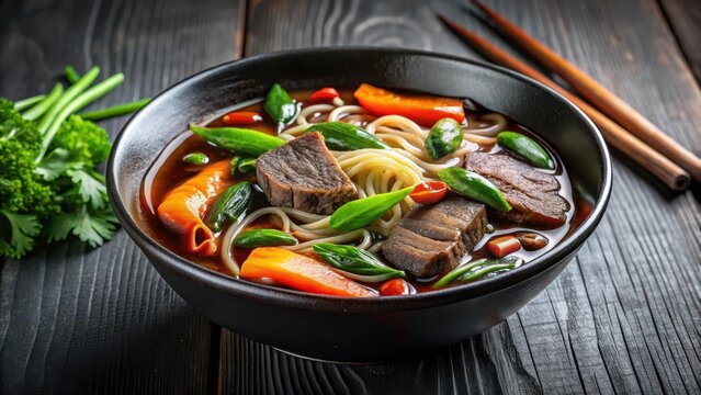 steaming bowl of Asian nood soup with sliced beef and mixed vegetables in a dark sauce , noodles, broth,  noodles