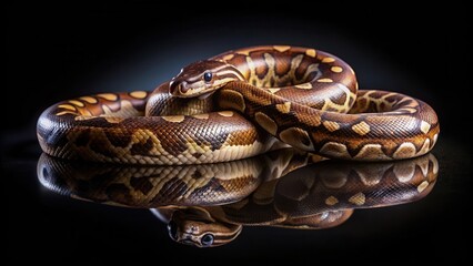 Fototapeta premium Brown python bivittatus species isolated on black background with dark shadows and subtle texture, shadow effect, isolated object
