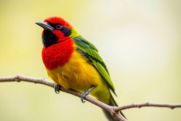Obraz premium Striking Crimson-Collared Tanager Perched on a Tree Branch, Displaying Its Vivid Red and Black Plumage in a Lush Natural Setting, Vibrant Wallpaper