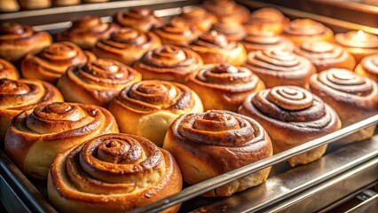 Freshly baked cinnabon buns in a cafe oven, flaky crust, sugar, flaky crust,sugar,glaze,buns,food,cafe,hot,soft texture