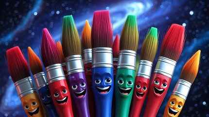 Obraz premium A colorful bunch of cartoon paintbrushes with faces against a starry galaxy background in a close up shot