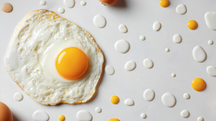 Artistic flat lay of a fried egg with yolk and egg white splatters on a clean white background
