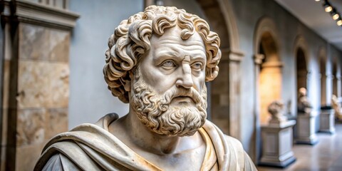 Fototapeta premium Ancient Greek statue of Demokritos in a museum , marble, ancient greece, marble, ancient greece, classical art, history
