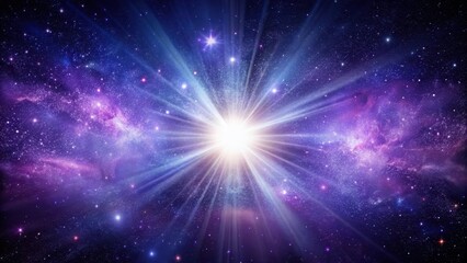 Fototapeta premium A brilliant white explosion of a star in the vast expanse of an unknown galaxy's darkness, with vibrant purple and pink hues illuminating the surrounding space , dark space, celestial explosion