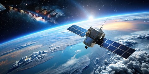 Obraz premium Satellite in low Earth orbit with blue sky and white clouds , satellite image, space, satellite image, space