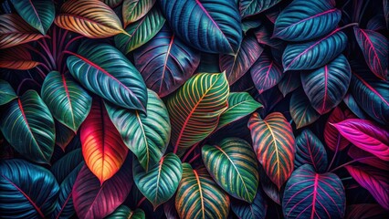 Dark Forest foliage with vibrant exotic leaf patterns and bold contrasting colors, featuring intricate textures and mysterious ambiance , wild, foliage