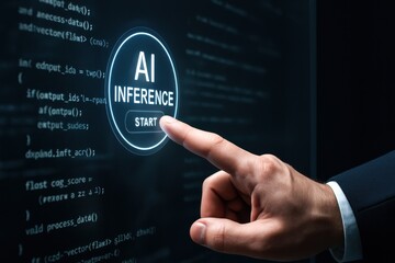 A business professional initiates AI inference through a smart interface reflecting innovation and strategy for efficient decision making