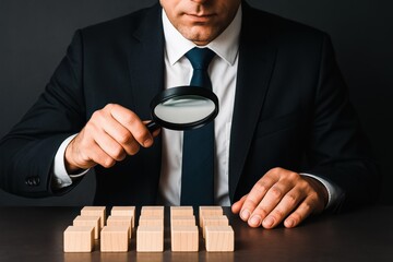 A business professional carefully examines a strategic arrangement wooden blocks emphasizing decision-making and analytical insight for organizational growth