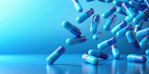 Falling blue medicine pill capsules on blue background