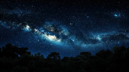 Obraz premium Night sky over a dark forest, filled with stars and the Milky Way