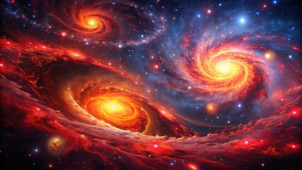 Distant cosmic galaxies with swirling red hues and scattered neon lights, cosmic, nebulas,  cosmic
