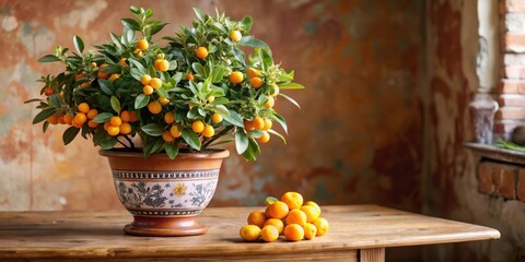 A potted citrus tree with ripe fruit, nestled against a rustic backdrop and sitting upon a worn wooden table.