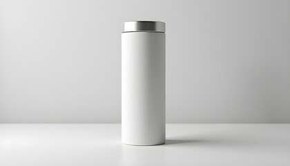 A white cylindrical container with a silver lid on a plain, light-colored surface