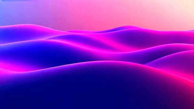 Undulating abstract landscape of stylized hills gradients of pink, purple, and blue, with fine parallel lines creating texture