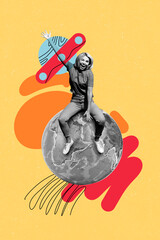3d trendy image photo collage of happy spacewoman stand planet drawing saturn cosmonaut travel...