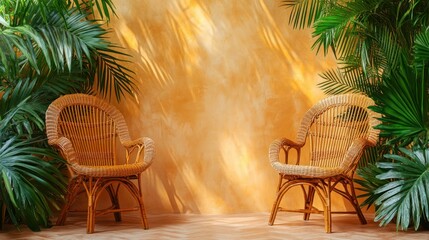 Fototapeta premium Two wicker chairs, bathed in sunlight, amidst lush tropical foliage against a warm ochre wall