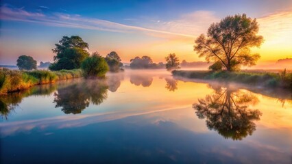 Gentle River Reflections at Dawn, misty morning, river water