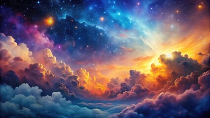 dreamy, swirling clouds in vibrant colors, blending with a starry night sky background, cosmic, abstract,  cosmic
