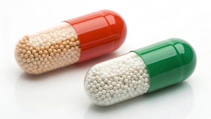 Two distinct pharmaceutical capsules, possibly "Amoxicillin, timed release capsules", lie side-by-side on a pristine white surface, casting subtle shadows
