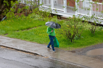 Un homme avec un parapluie marche sous la pluie dans la ville.