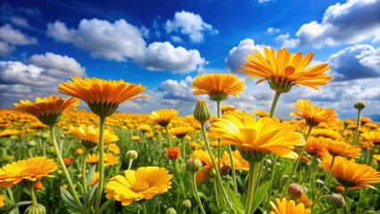 Field of bright yellow calendula flowers swaying gently in the breeze on a sunny day with a clear blue sky and white fluffy clouds, field, daytime