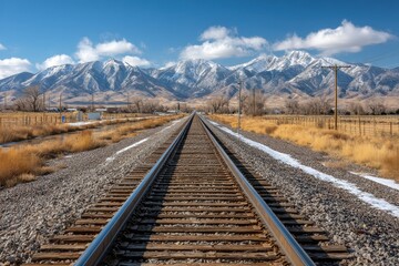 Fototapeta premium Railroad tracks stretch into the distance toward snow-capped mountains under a bright blue sky with scattered clouds.
