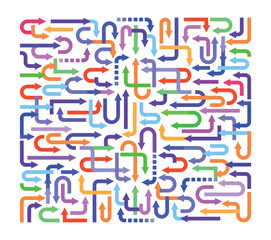 Abstract vector background of many colorful arrows pointing in different directions.