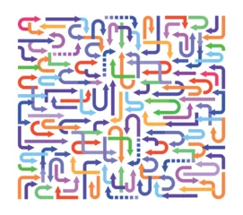 Abstract vector background of many colorful arrows pointing in different directions.