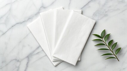 A fanned arrangement of crisp white paper napkins lies elegantly on a pristine white marble surface with subtle grey veining